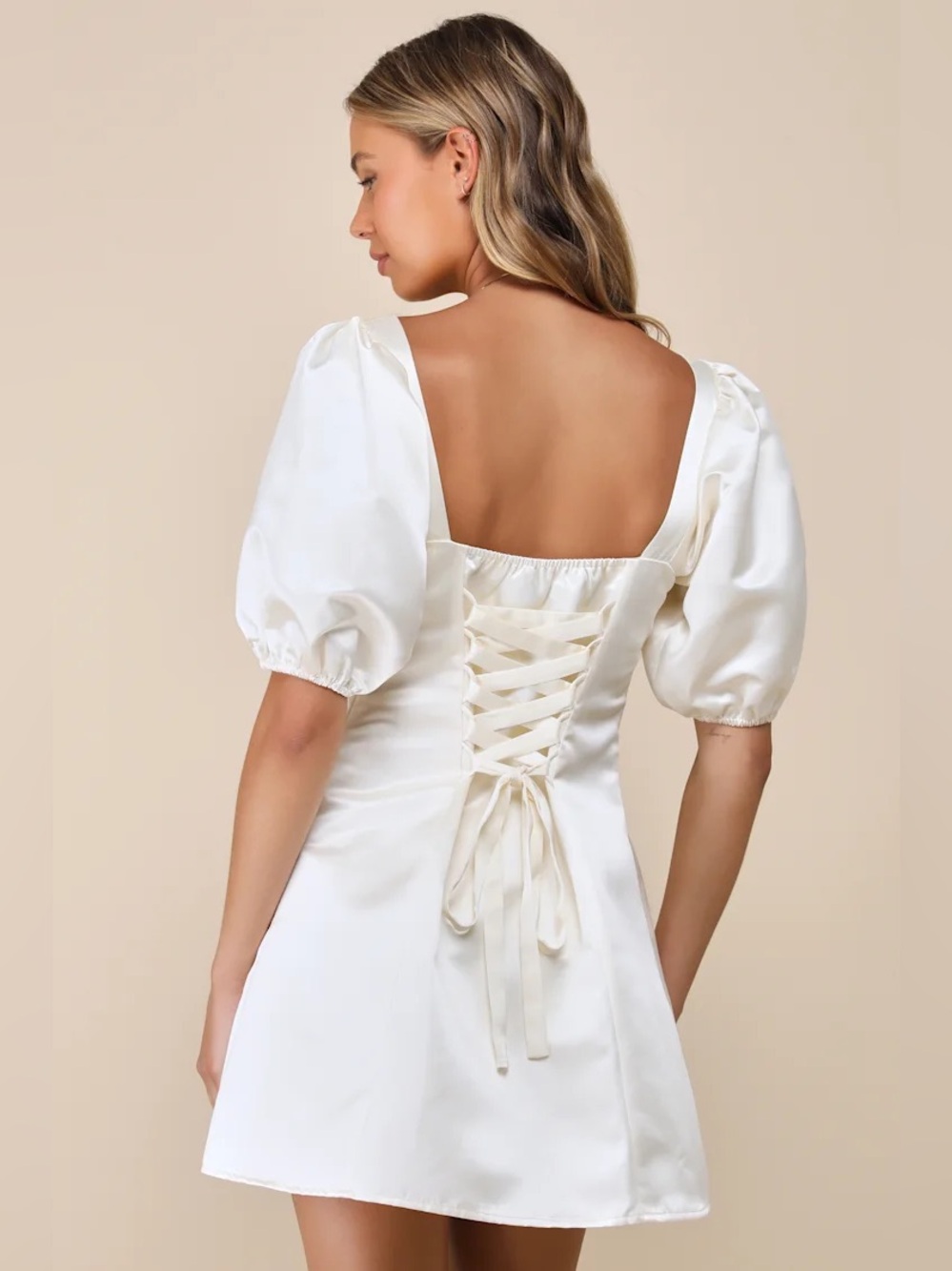 NWOT Lulus XL Champagne Lovely Simplicity Satin Puff Sleeve Bow Mini Dress FLAWS - Picture 3 of 4